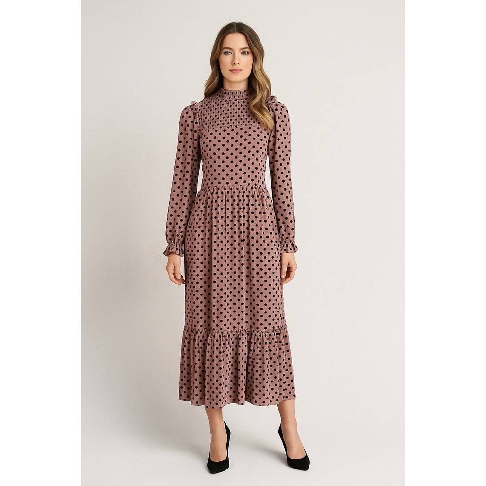 High-Neck Mauve Polka Dot Long Sleeve Midi Dress